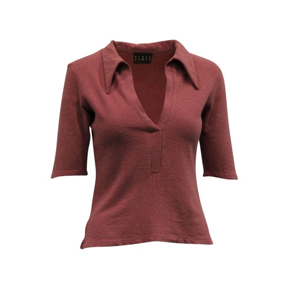 Albus Lumen Point Collar Polo Shirt in Red Linen
